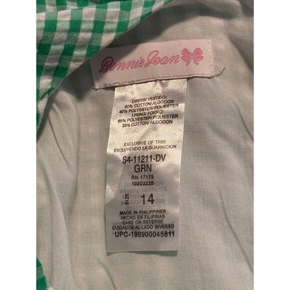 Bonnie Jean Girls Gingham Dress Green Pink Bow Size 14 Sleeveless Easter Spring - Picture 4 of 4